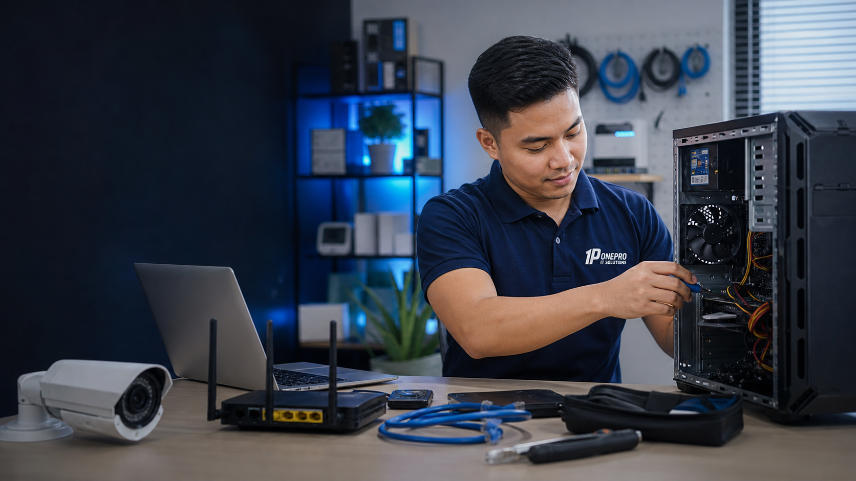 OnePro IT Solutions technician repairing desktop computer in Pampanga